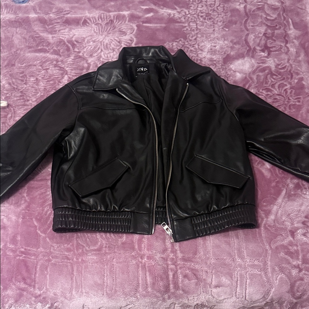 Zara Black Faux Leather Bomber Jacket with Flap Pockets
